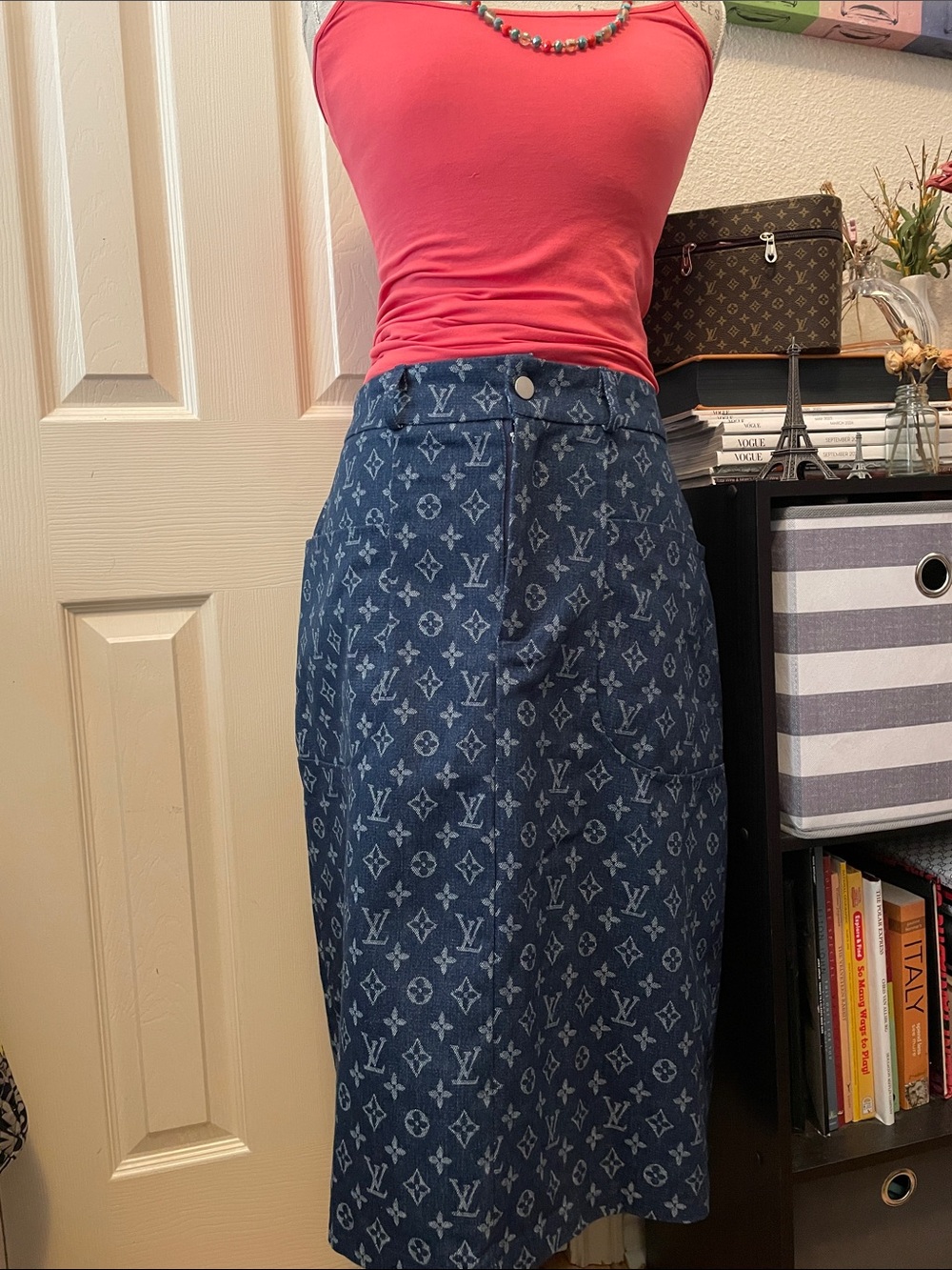 Beautiful Blue Monogram Denim Midi Fashion Skirt . Closet clearout no returns.